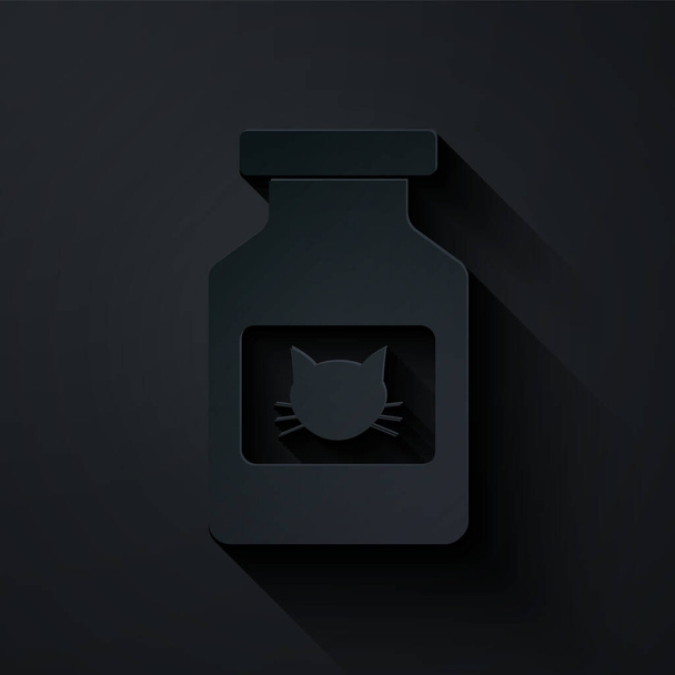 Paper cut Cat medicine bottle icon isolated on black background. Container with pills. Prescription medicine for animal. Paper art style. Vector Illustration - Vector, Image