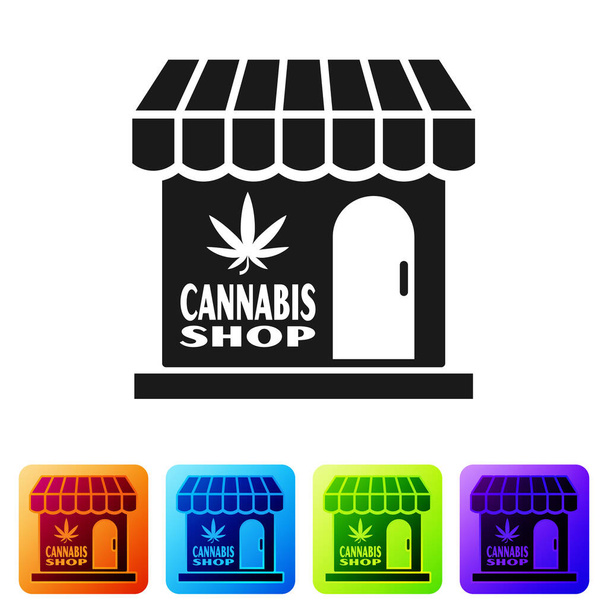 Zwarte marihuana en cannabis winkel icoon geïsoleerd op witte achtergrond. Apparatuur en accessoires voor het roken, opslag van medische cannabis. Stel pictogrammen in kleur vierkante knoppen. Vector Illustratie - Vector, afbeelding