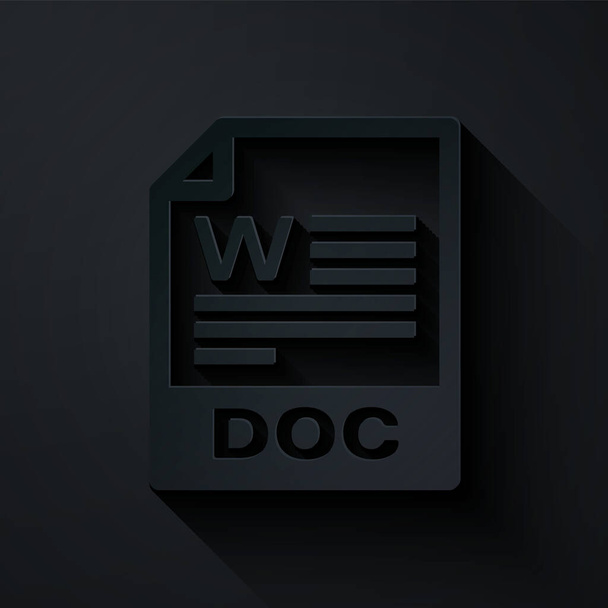 Documento de arquivo DOC cortado em papel. Baixar ícone de botão doc isolado no fundo preto. Símbolo de extensão de ficheiro DOC. Estilo de arte de papel. Ilustração vetorial
 - Vetor, Imagem
