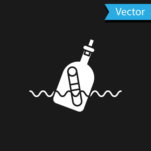 weiße Glasflasche mit einer Botschaft in Wassersymbol isoliert auf schwarzem Hintergrund. Buchstabe in der Flasche. Piraten-Symbol. Vektorillustration - Vektor, Bild
