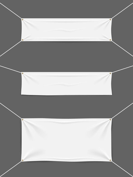 White blank mockup banner with rope and folds. Template textile hanging flag for sale. Empty stretched fabric, canvas, horizontal cloth on isolated background. Realistic banner for text. vector - Vector, Imagen