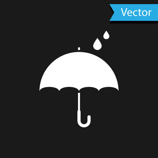 Witte paraplu en regendruppels pictogram geïsoleerd op zwarte achtergrond. Waterdicht icoon. Bescherming, veiligheid, beveiligingsconcept. Waterbestendig symbool. Vector Illustratie - Vector, afbeelding