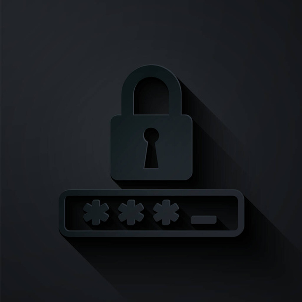 ペーパーカット黒の背景に隔離されたパスワード保護と安全アクセスアイコン。ロックアイコン。セキュリティ、安全性、保護、プライバシーの概念。紙のアートスタイル。ベクターイラスト - ベクター画像