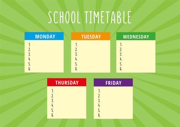 School timetable with notes on the green background. Vector everyday planner for kids. A4 scaled standard size - Vector, Image