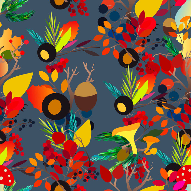 Autumn vector seamless pattern with berries, acorns, pine cone, mushrooms, branches and leaves. - Vetor, Imagem