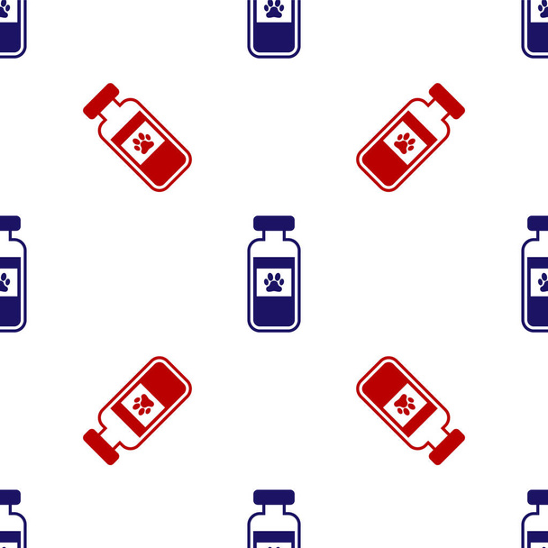 Modrá a červená Domácí zvířata injekční lahvička lékařské ikony izolované bezešvé vzor na bílém pozadí. Lék na předpis pro zvířata. Vektorová ilustrace - Vektor, obrázek