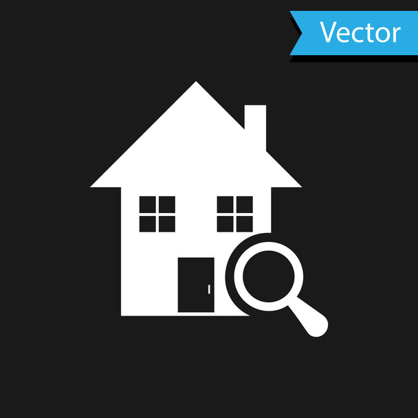 White Search Haus Symbol isoliert auf schwarzem Hintergrund. Immobilien-Symbol eines Hauses unter der Lupe. Vektorillustration - Vektor, Bild