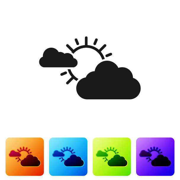 Black Sun and cloud weather icon isolated on white background. Set icons in color square buttons. Vector Illustration - Vetor, Imagem