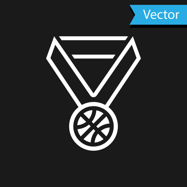 Λευκό μετάλλιο μπάσκετ με κορδέλα εικονίδιο που απομονώνεται σε μαύρο φόντο. Εικονογράφηση διανύσματος - Διάνυσμα, εικόνα