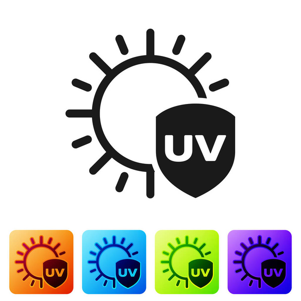 schwarzes UV-Schutzsymbol isoliert auf weißem Hintergrund. Sonne und Schild. UV-Strahlung. spf Sonnenzeichen. setzen Sie Symbole in farbigen quadratischen Buttons. Vektorillustration - Vektor, Bild