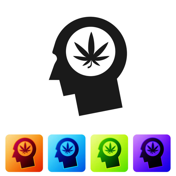 Musta siluetti miehen pään profiilin marihuanan tai kannabiksen lehtiä kuvaketta eristetty valkoisella pohjalla. Marihuanan laillistaminen. Hamppusymboli. Aseta kuvakkeet värillisiin neliön painikkeisiin. Vektorikuvaus
 - Vektori, kuva