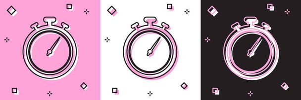 Zestaw ikony Stopwatch na różowym i białym, czarnym tle. Znak czasowy. Znak chronometryczny. Ilustracja wektora - Wektor, obraz
