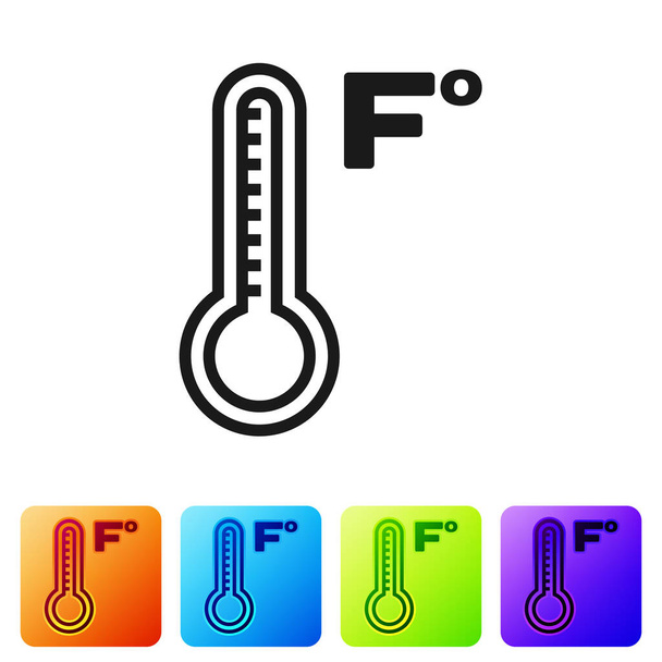 Czarny termometr meteorologiczny mierzący ciepło i zimną ikonę izolowany na białym tle. Temperatura Fahrenheita. Zestaw ikon w kolorach kwadratowych przycisków. Ilustracja wektora - Wektor, obraz