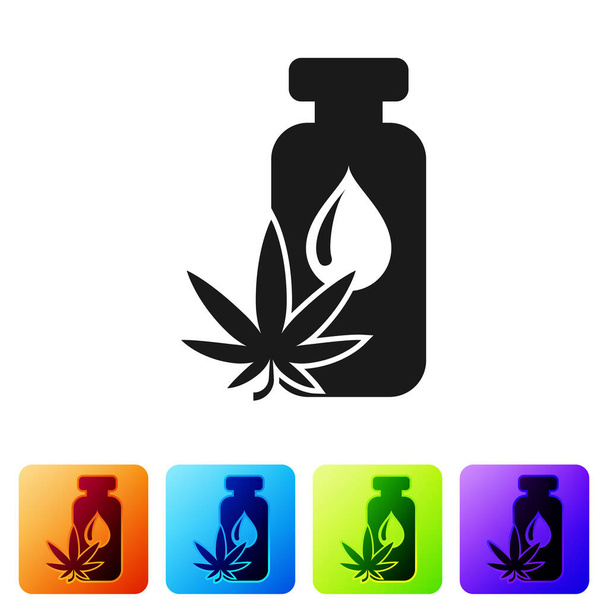 Fekete orvosi marihuána vagy cannabis levél olívaolaj csepp ikon elszigetelt fehér alapon. Kannabiszkivonat. Kenderszimbólum. Állítsa ikonok színes négyzet gombok. Vektorillusztráció - Vektor, kép