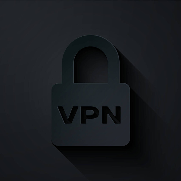 papiergeschnittenes VPN-Symbol isoliert auf schwarzem Hintergrund. Papierkunst. Vektorillustration - Vektor, Bild