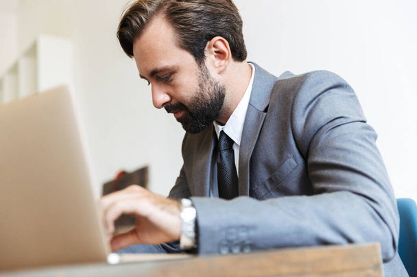 Concentrated bearded business man sitting in office using laptop computer working indoors. - 写真・画像