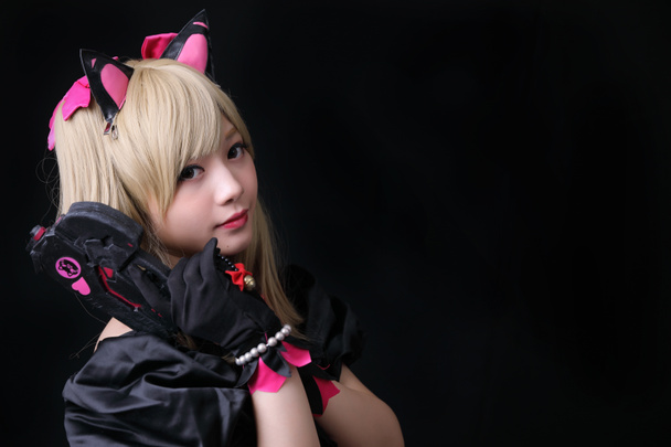 Japan anime cosplay , portrait of girl cosplay isolated in black - Photo, Image