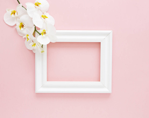 White photo frame with white orchids on the pink background. Beautiful White Phalaenopsis orchid flowers, wooden white photo frame. Women's Day, Flower Card. Valentine's day. Flat lay, top view, copy space.     - Photo, image