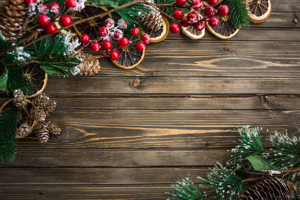 Brown wooden background with Christmas decoration, copy space - Foto, Imagen