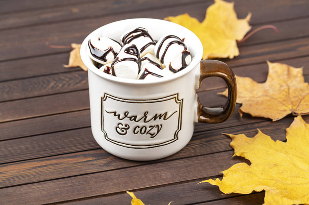 Hot cocoa with marshmallows in a ceramic mug on a wooden table. The concept of a cozy holiday. - Φωτογραφία, εικόνα