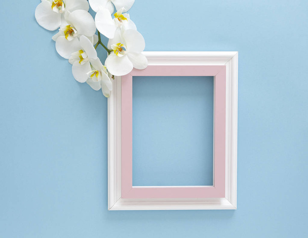Empty frame and flowers orchid flat lay on blue pastel background with copy space. Minimal concept. - Photo, image