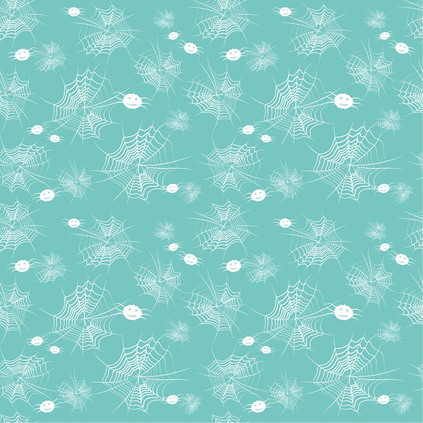 nahtloses Muster: weiße Spinnennetze und Spinnen auf blauem Hintergrund. Vektor. Kinderillustration - Vektor, Bild