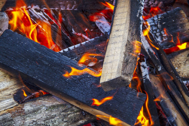 Stone fire bonfire burning sticks firewood in autumn - Foto, Imagen