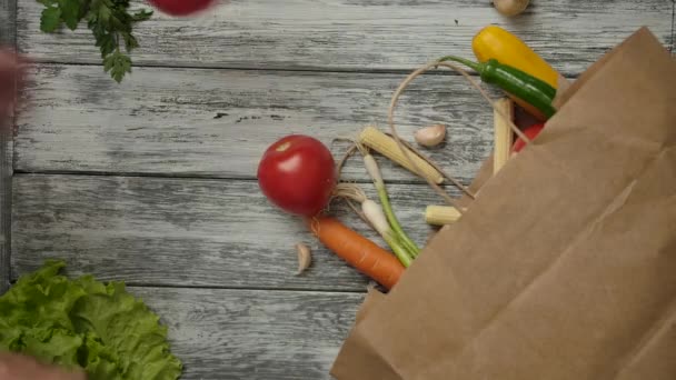 Gente de las cosechas sacando comestibles de la bolsa de papel
 - Imágenes, Vídeo