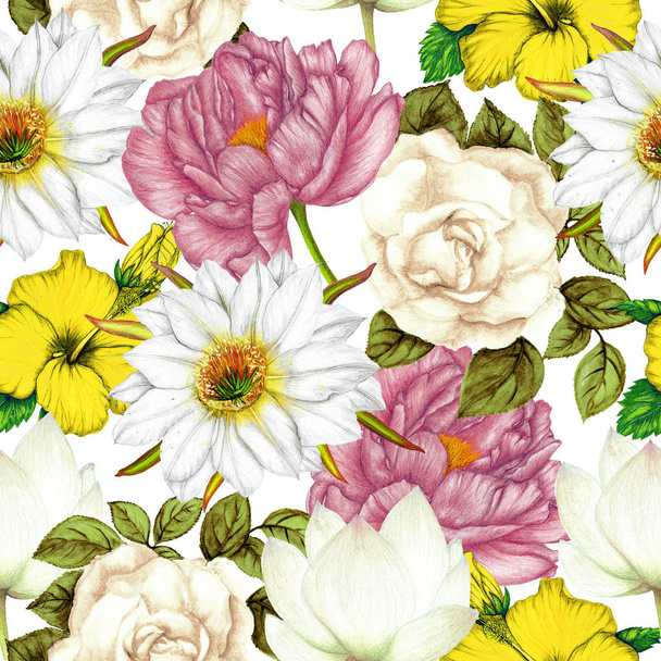 Patrón sin costura floral de flores dibujadas a mano, patrón sin costura botánica, patrón floral de rosas, peonías, flores de hibisco
 - Foto, Imagen
