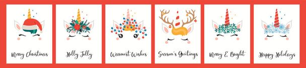 Sammlung von Weihnachtskarten mit verschiedenen niedlichen Einhorngesichtern, in Weihnachtsmann-Mütze, mit Geweih, Text. handgezeichnete Vektorillustration. Konzept für Urlaubsdruck - Vektor, Bild
