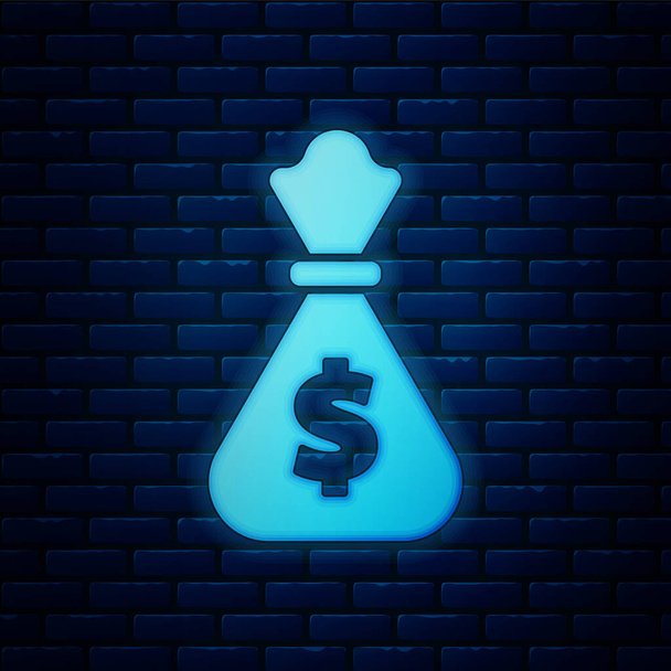 Izzó neon pénz zsák ikon izolált téglafal háttérben. Dollár vagy USD szimbólum. Készpénz banki pénznemjel. Vektoros illusztráció - Vektor, kép
