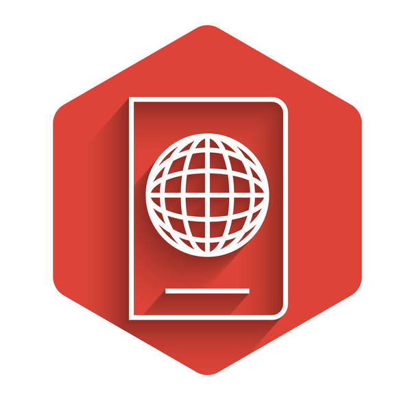 White line Passport with biometric data icon isolated with long shadow. Identification Document. Red hexagon button. Vector Illustration - Vector, Image