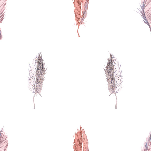 Seamless pattern with watercolor feathers. Hand drawn illustration  - Valokuva, kuva