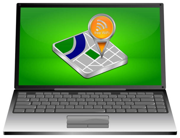 Laptop počítač s oranžovou mapu ukazatel s Wifi Symbol zdarma na zelené ploše - 3D ilustrace - Fotografie, Obrázek