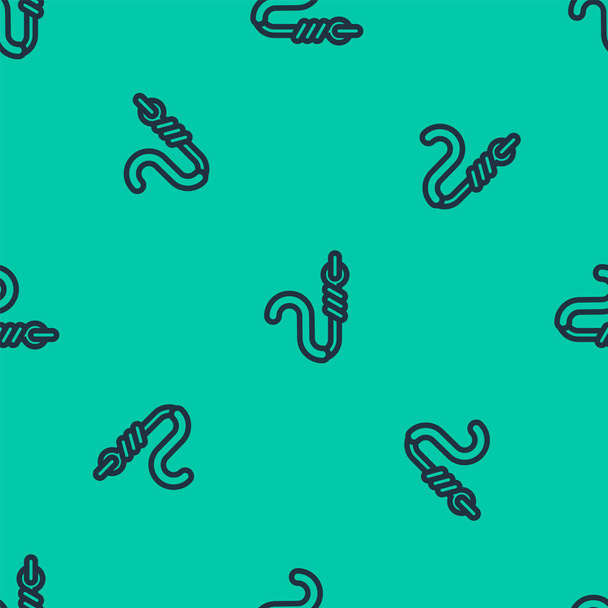 Blue line Fishing hook and worm icon isolated seamless pattern on green background. Fishing tackle. Vector Illustration - Vector, Image