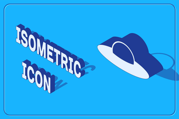 Izometrická ikona létající kosmické lodi Ufo izolovaná na modrém pozadí. Létající talíř. Mimozemská vesmírná loď. Futuristický neznámý létající objekt. Vektorová ilustrace - Vektor, obrázek