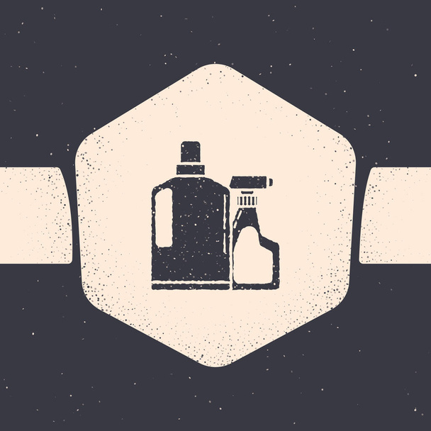 Grunge Plastic bottles for liquid laundry detergent, bleach, dishwashing liquid or another cleaning agent icon isolated on grey background. Monochrome vintage drawing. Vector Illustration - Vector, Image