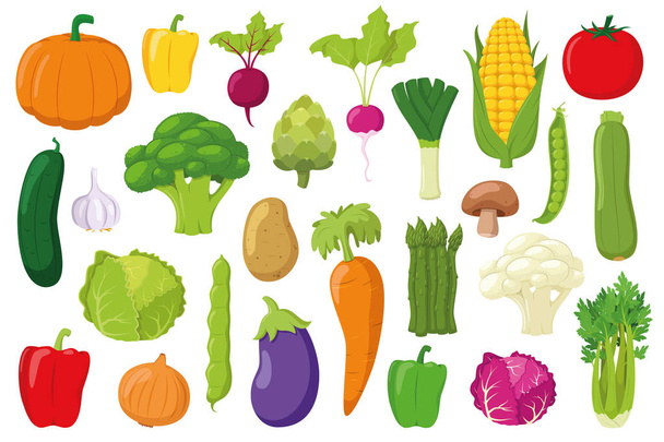 Kolekcja warzyw: Zestaw 26 różnych warzyw w stylu kreskówki Wektor ilustracji - Wektor, obraz