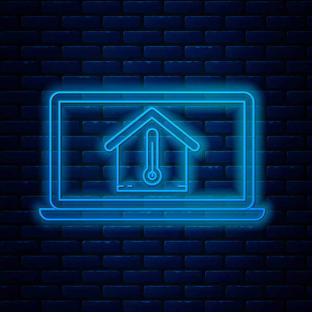 Lumineux néon ligne ordinateur portable avec icône de température de la maison isolé sur fond de mur de briques. Icône du thermomètre. Illustration vectorielle
 - Vecteur, image