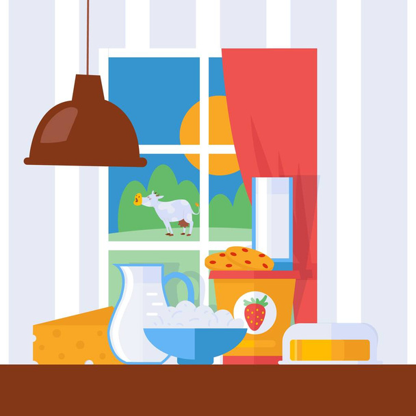 Fresh dairy products, vector illustration. Milk, cheese and butter on a kitchen table in farmhouse. Window with countryside view, grazing cow in cartoon style - Vector, Image