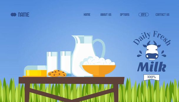 Fresh milk and dairy products, vector illustration. Website template, landing page design. Daily fresh organic food from local farmers, milk, butter and cottage cheese - ベクター画像