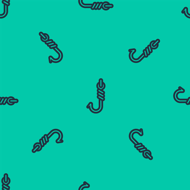 Línea azul Icono de anzuelo de pesca aislado patrón sin costura sobre fondo verde. Aparejos de pesca. Ilustración vectorial
 - Vector, imagen