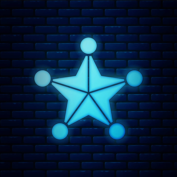 Zářící neon Hexagram šerif ikona izolované na pozadí cihlové zdi. Ikona odznaku policie. Vektorová ilustrace - Vektor, obrázek