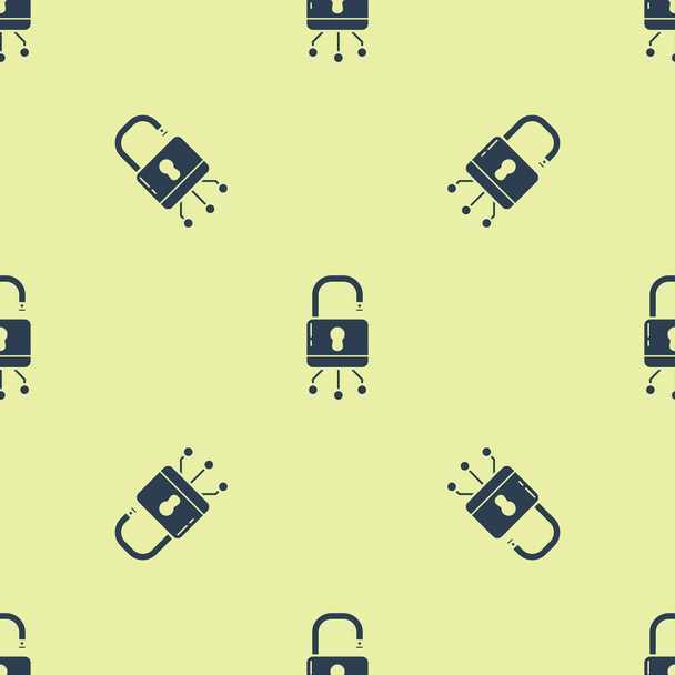Blue Cyber security icon isolated seamless pattern on yellow background. Closed padlock on digital circuit board. Safety concept. Digital data protection. Vector Illustration - Vector, Image
