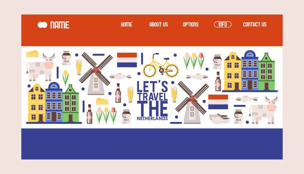 Hollanda seyahat ikonları, vektör illüstrasyonu. Tur ajansı web sitesi tasarımı, Hollanda bayrağı renginde iniş sayfası şablonu. Hollanda 'nın ana sembolleri yel değirmeni, bisiklet, laleler - Vektör, Görsel