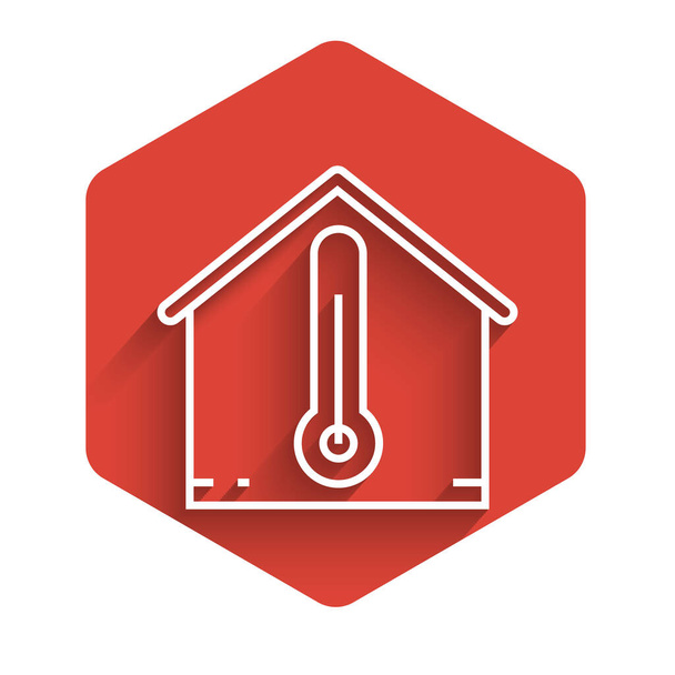 White line House temperature icon isolated with long shadow. Thermometer icon. Red hexagon button. Vector Illustration - Vector, Image