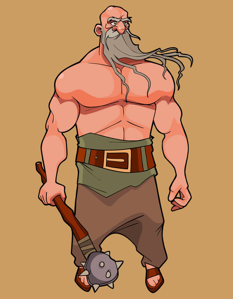 cartoon muscular man with a long beard and a club in his hand - Вектор,изображение