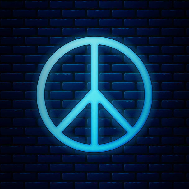 Zářící neon mír ikona izolované na cihlové zdi pozadí. Hippie symbol míru. Vektorová ilustrace - Vektor, obrázek
