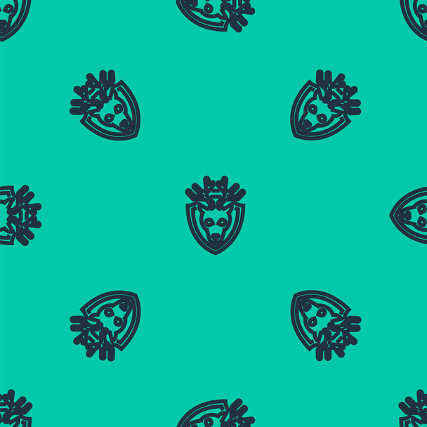 Cabeza de ciervo de línea azul con astas en el icono del escudo patrón inconsútil aislado sobre fondo verde. Trofeo de caza en la pared. Ilustración vectorial
 - Vector, Imagen