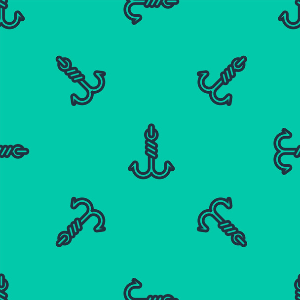 青い線緑の背景に釣りフックアイコンの分離シームレスなパターン。釣りに取り組む。ベクターイラスト - ベクター画像